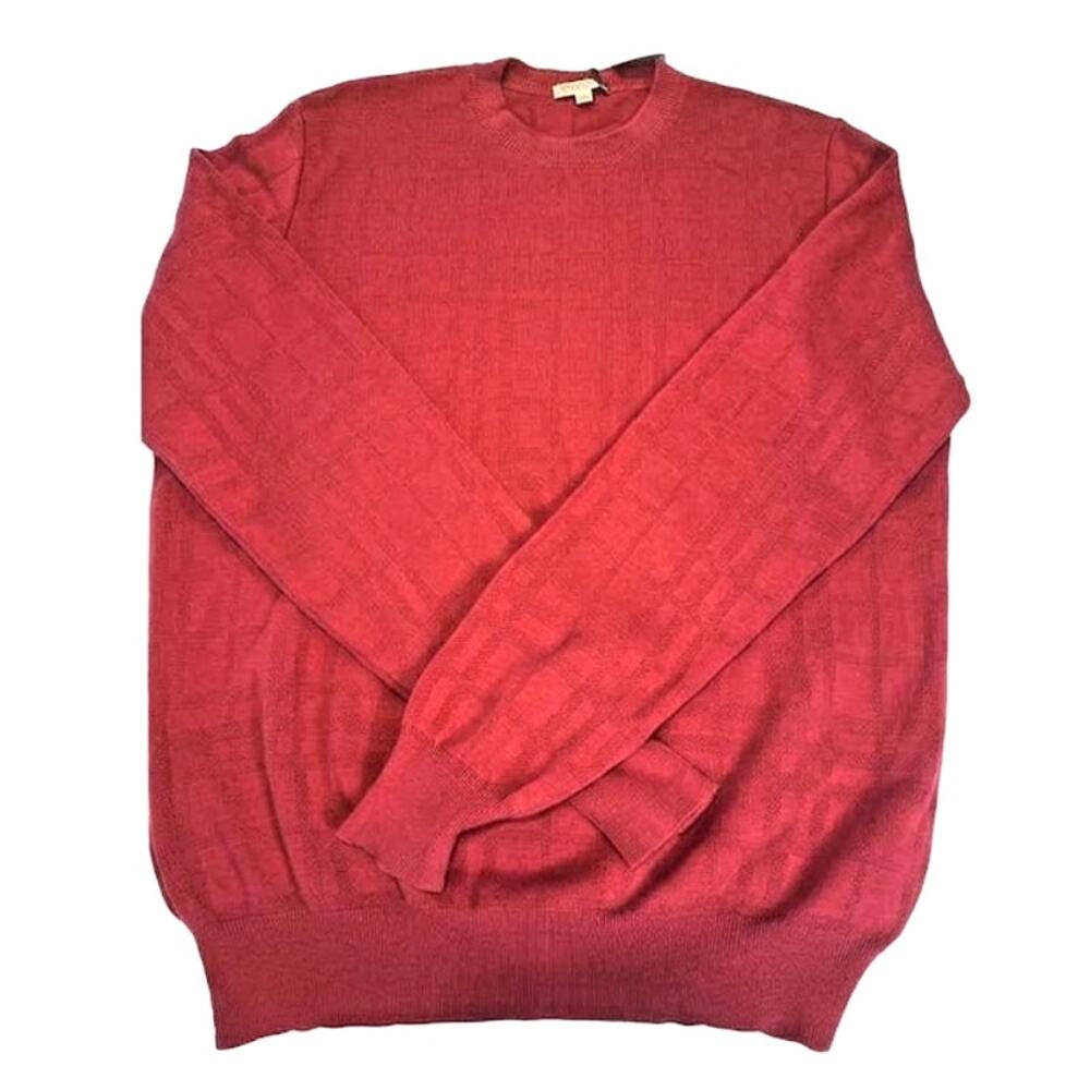 Burberry Brit Mens L Red Tonal Jacquard Check Crewneck Pullover Cotton Sweater